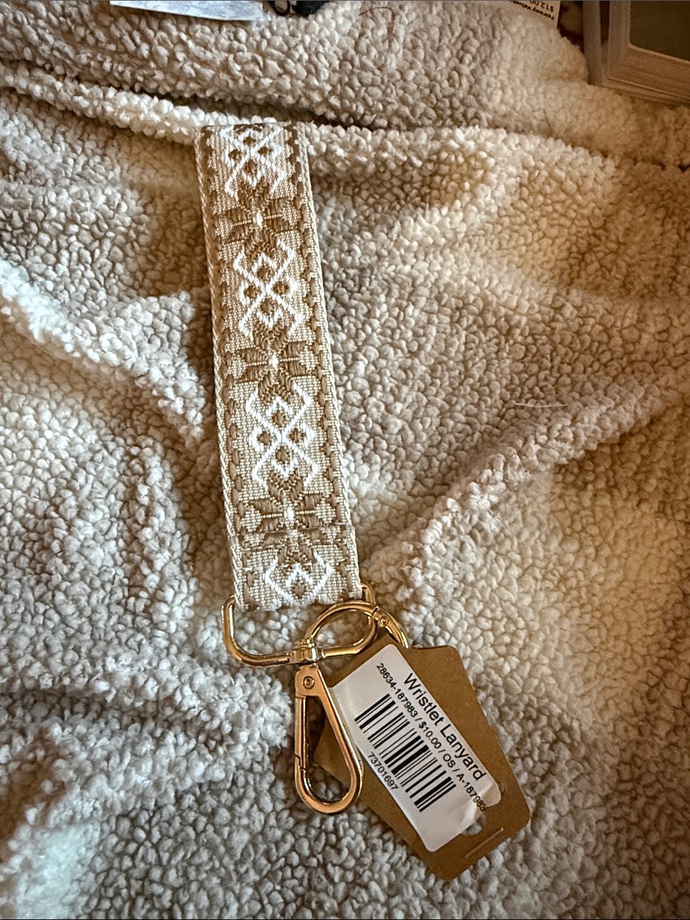 Neutral Cream Woven Wristlet Lanyard with Gold Hardware